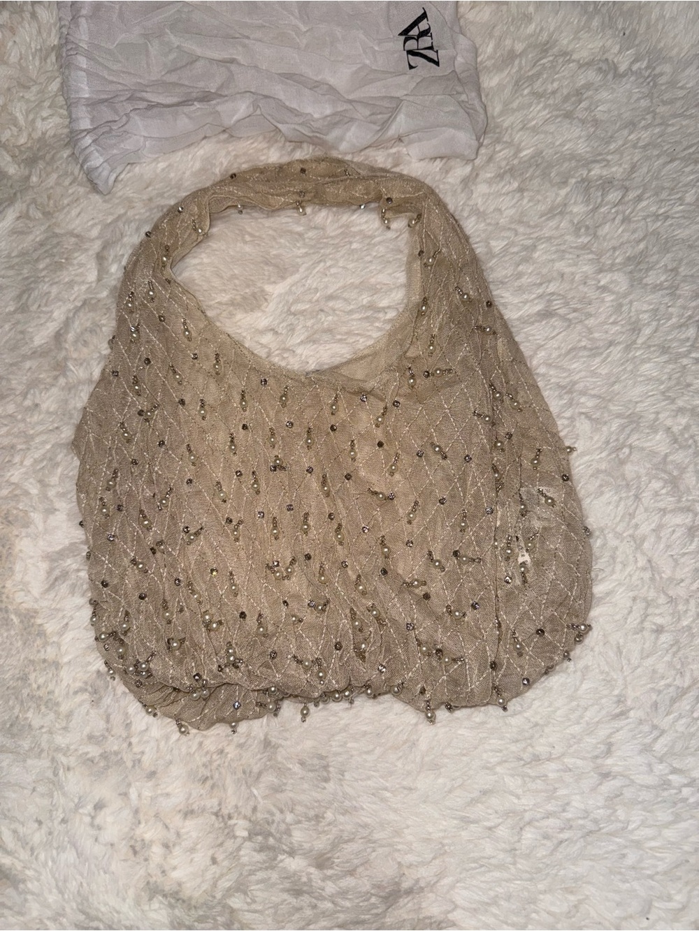 ZARA Pearl & Rhinestone Embellished Mesh Bag